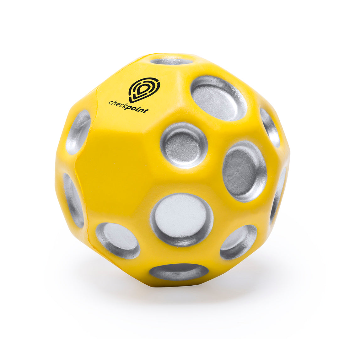 Balle antistress jaune avec un logo dessus 