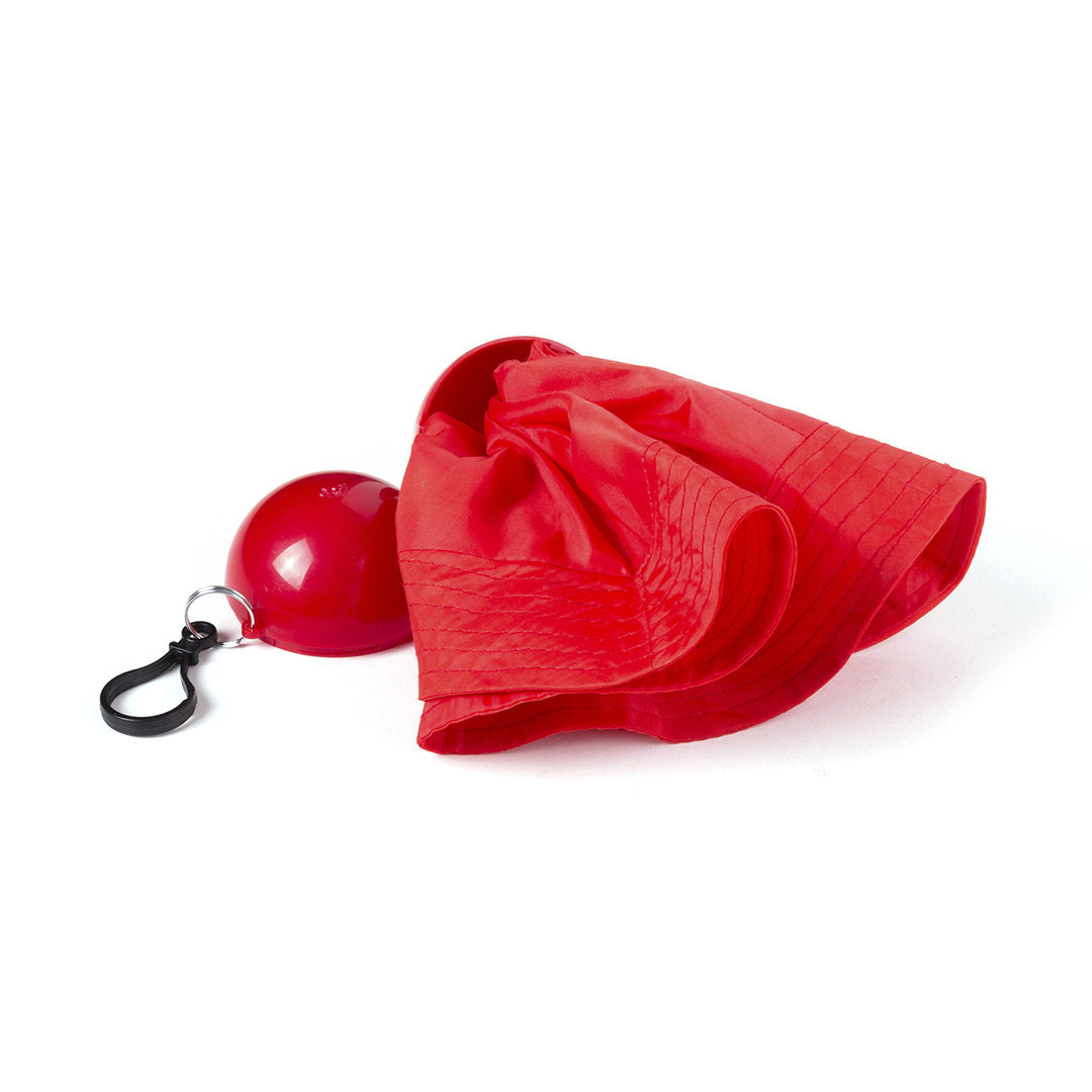 Équipement imperméable en polyester avec bonnet et porte-clés.