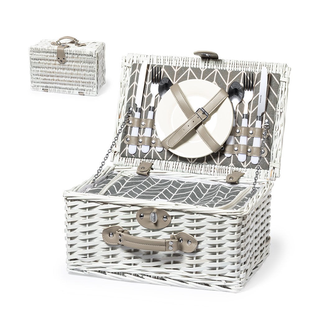 Panier isotherme de pique-nique blanc avec poignées et sangles grises personnalisable logo entreprise