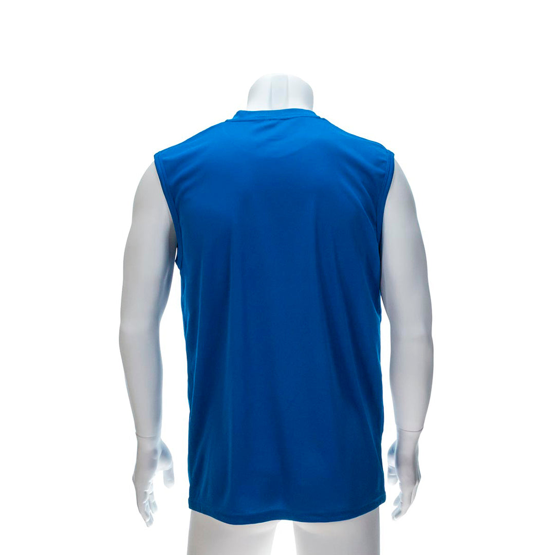 T-Shirt sans manches bleu vu de dos sur un fond blanc