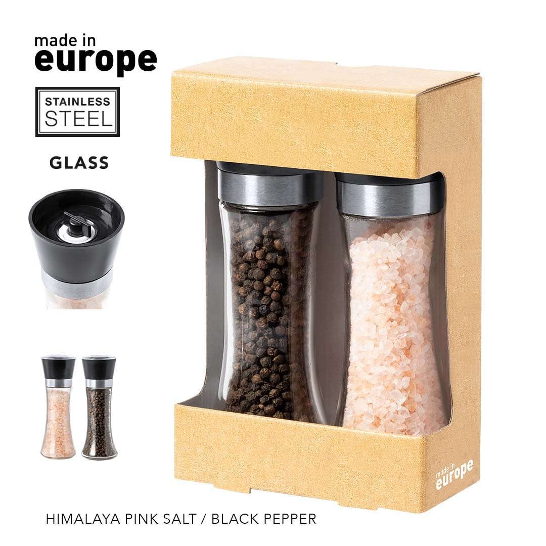 Set de 2 moulins en verre et acier inoxydable.