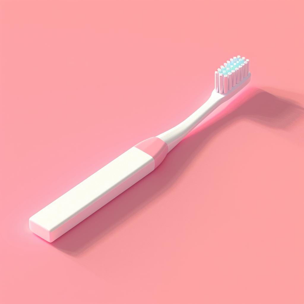 Plan 3d isométrique d'une brosse à dents rose et blanche sur un fond rose