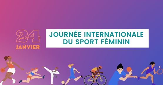 bannière d'annonce de la journée internationale du sport féminin avec des femmes en dessins représentées dans différents sports