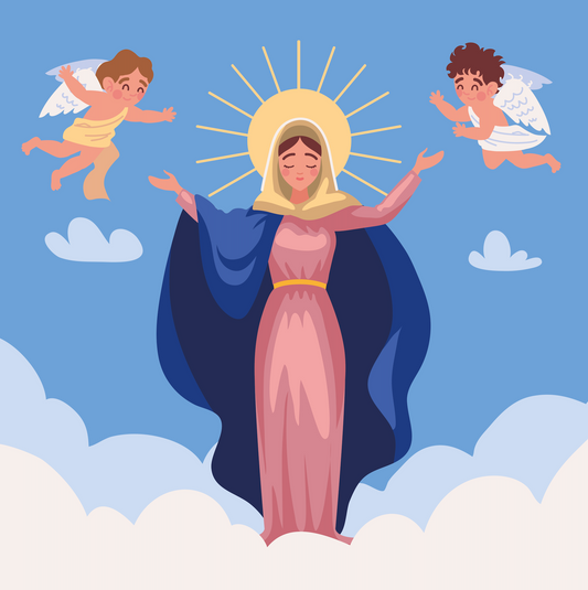 vierge marie mere de jesus au milieu de petits anges qui volent dans le ciel