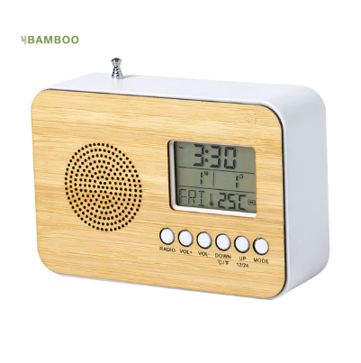 Horloge radio en bambou avec fonctions alarme, calendrier, thermomètre et radio fm