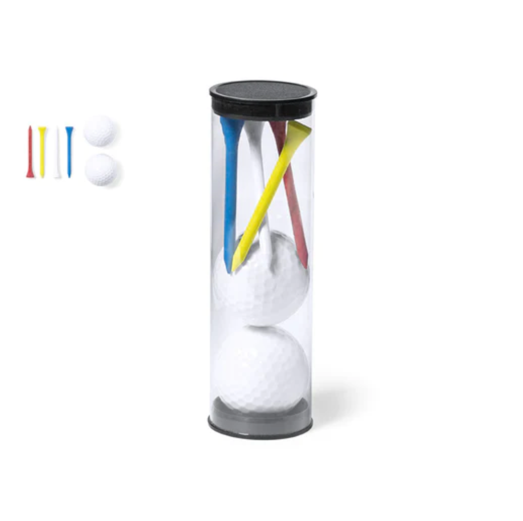 Ensemble complet de golf de 6 accessoires. Comprend 2 balles blanches à double épaisseur et 4 tees en bois jaune, bleu, blanc et rouge.
