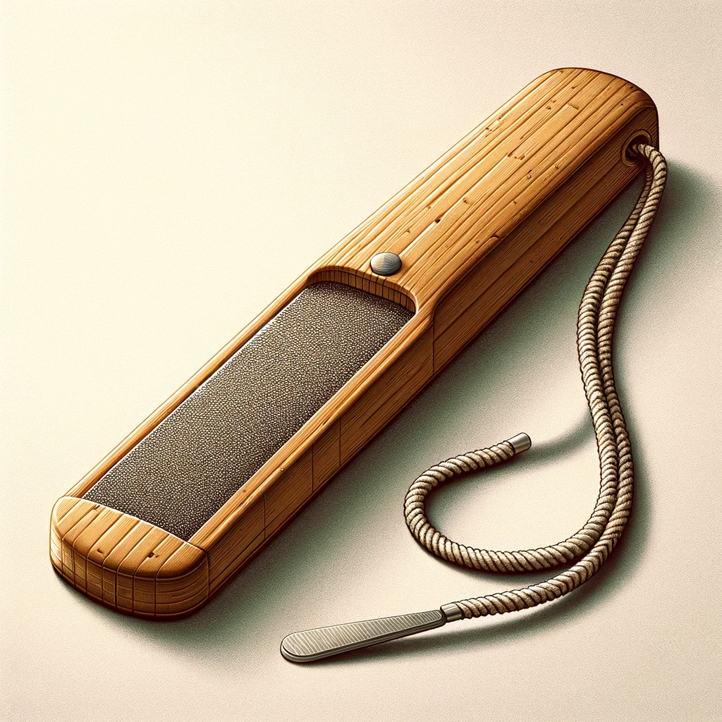 Image d'une lime avec manche en bambou et cordon de coton, sur fond neutre. Texture naturelle du bambou et surface abrasive métallique visible.