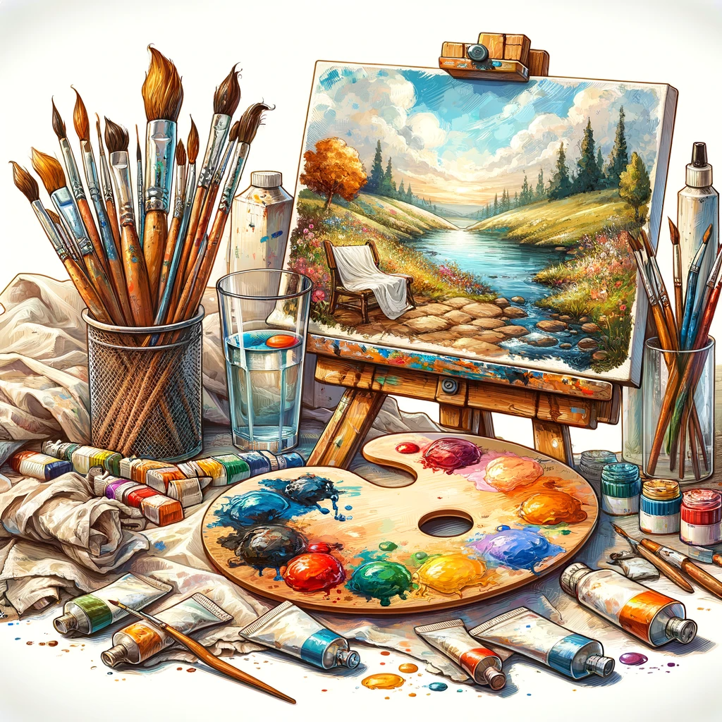 Une illustration artistique d'un ensemble de peinture, comprenant une palette colorée, plusieurs pinceaux, un chevalet avec une toile semi-finie, des tubes de peinture éparpillés et un verre d'eau, le tout dans un atelier lumineux et inspirant