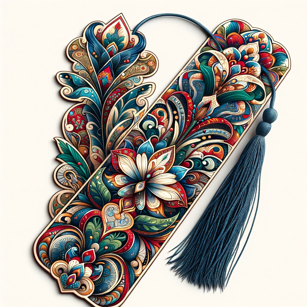 Marque-page richement illustré avec des motifs floraux et géométriques, couleurs vives de bleu, rouge, vert et or, et un pompon soyeux en haut.