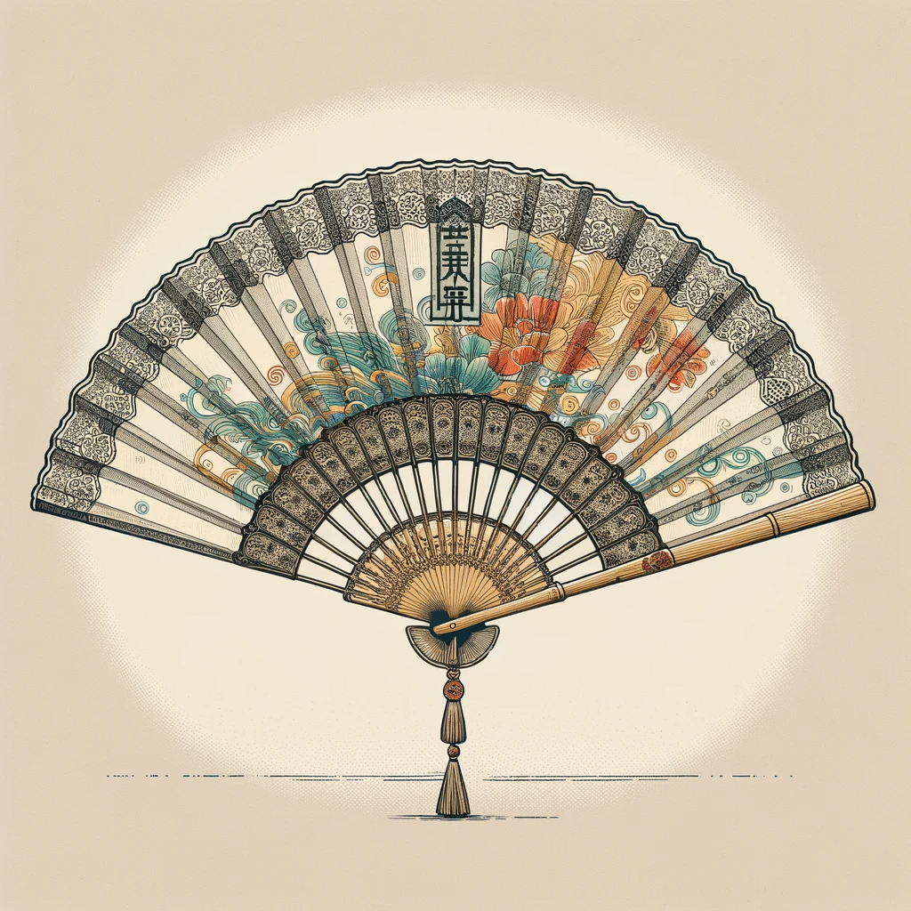 Éventail chinois traditionnel (pai pai) avec un cadre en bambou délicat et une surface en soie ou papier, orné de motifs complexes et de peintures colorées