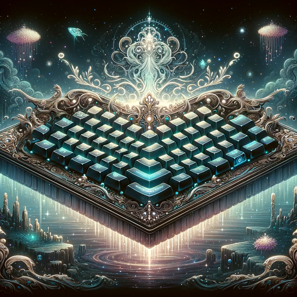 Une illustration fantastique d'un clavier avec des touches lumineuses et des motifs complexes, placé dans un paysage surréaliste avec des îles flottantes, un ciel étoilé et des plantes lumineuses