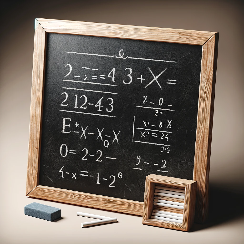 Tableau noir traditionnel avec des équations mathématiques écrites à la craie blanche.