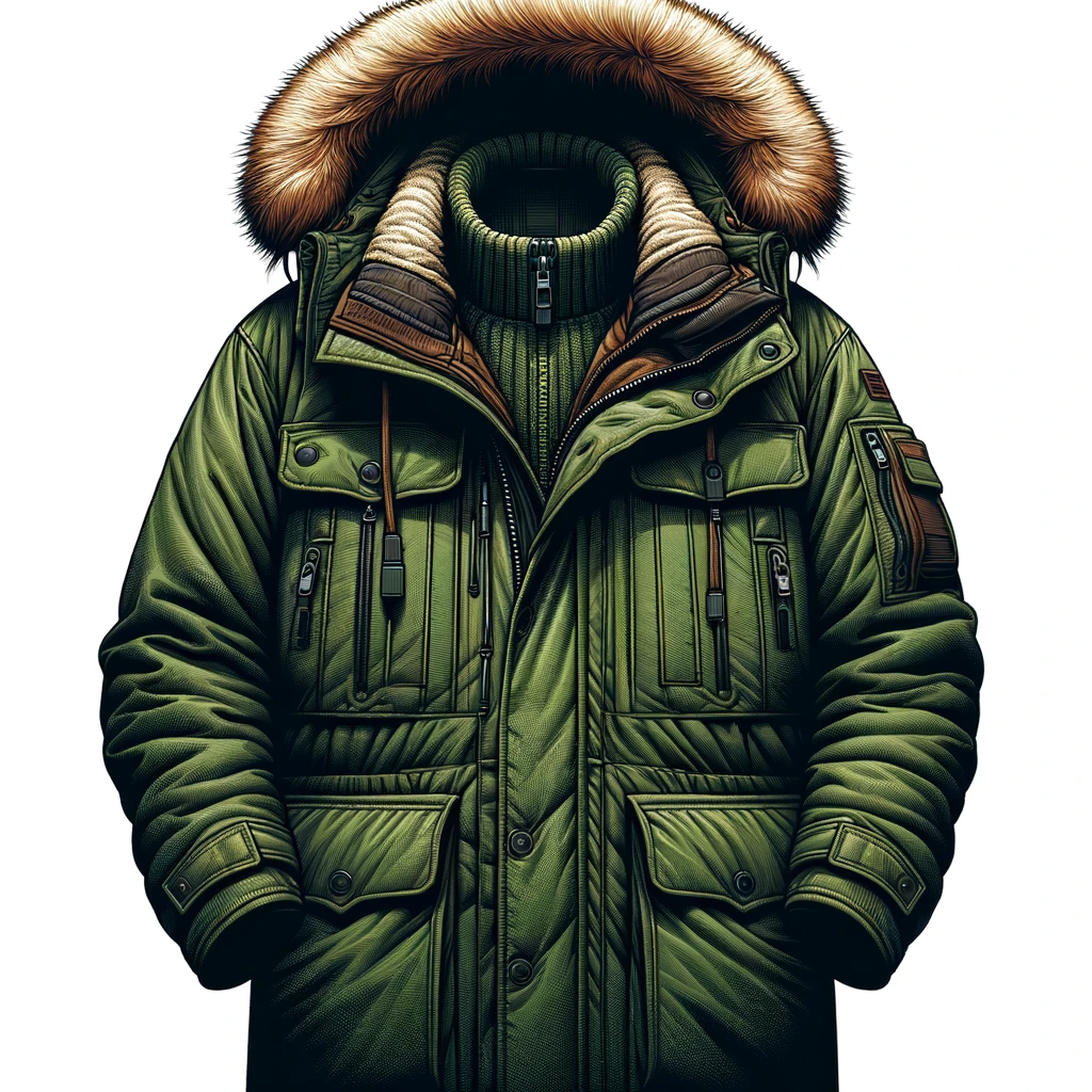 Illustration détaillée d'une parka verte foncée avec capuche fourrée et poches profondes.