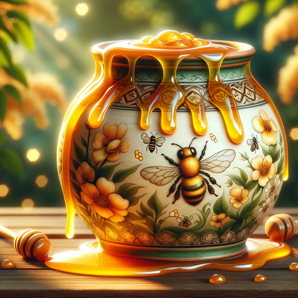 Pot de miel en céramique avec du miel doré coulant, entouré d'un flou de jardin.