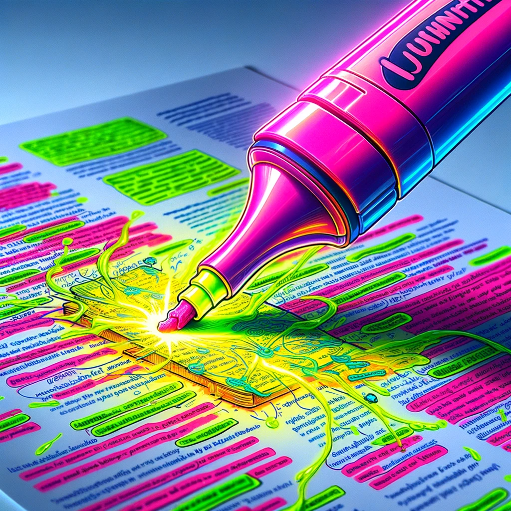 Un surligneur fluorescent mettant en évidence des points clés sur une fiche de révision détaillée, avec du texte et des diagrammes soigneusement écrits.