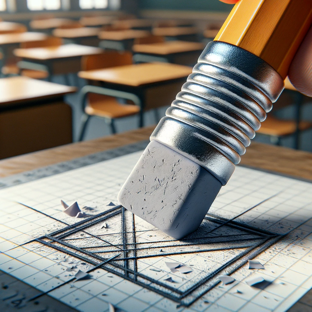 Gomme d'un crayon utilisée pour effacer une forme géométrique erronée 