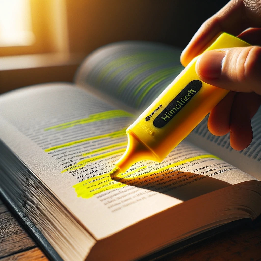 surligneur en train de surligner une ligne de texte dans un livre