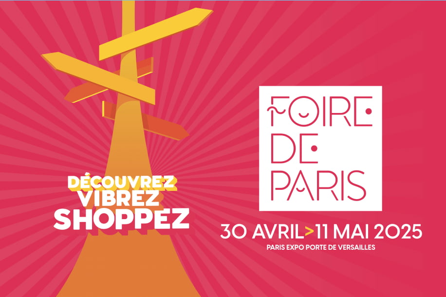 affiche officielle foire de paris, 30 avril - 11 mai, couleurs rose et orange pour le dessin de la tour eiffel avec des directions 