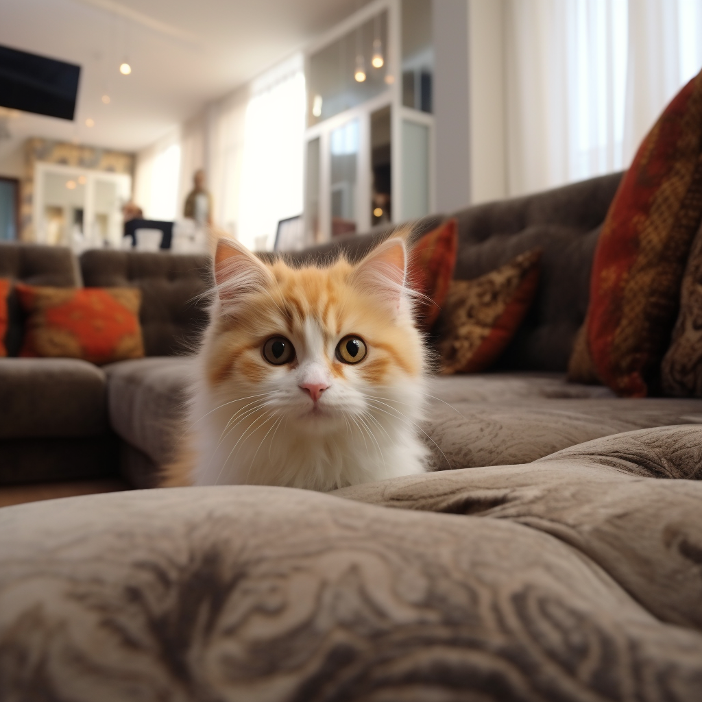 Chat roux et blanc, avec de très beaux yeux. Le chat fixe l'objectif de la caméra qui le prend en photo. Il est partiellement caché par le canapé gris aux coussins rouge, situé dans ce qui semble être un salon.