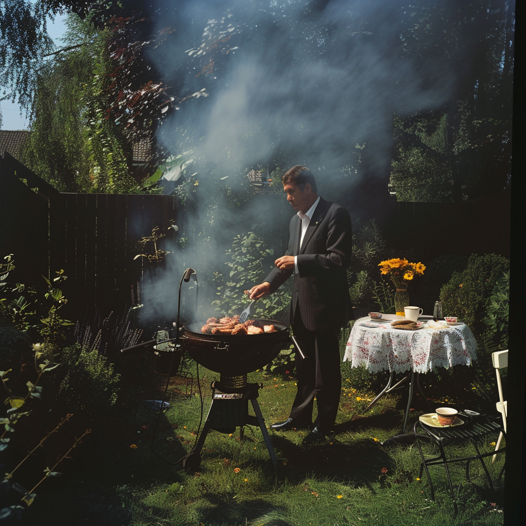 Un business man prépare un barbecue dans son jardin au mois de juin