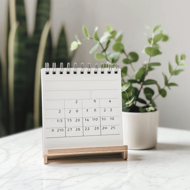 Illustration très pure d'un calendrier personnalisable trans laser disposé sur une table aux côtés d'une plante verte