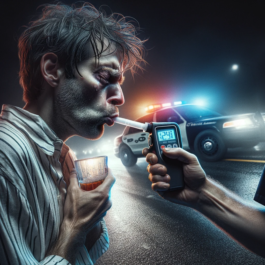 Un homme se soumet à un contrôle d'alcoolémie durant lequel il souffle dans un alcotest personnalisable translaser afin de prouver au policier qu'il est sobre et en état de conduire sain et sauf jusqu'à chez lui.