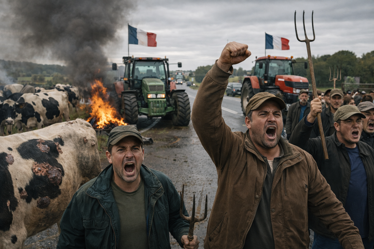 agriculteurs en colère qui bloquent les routes avec vaches et tracteurs