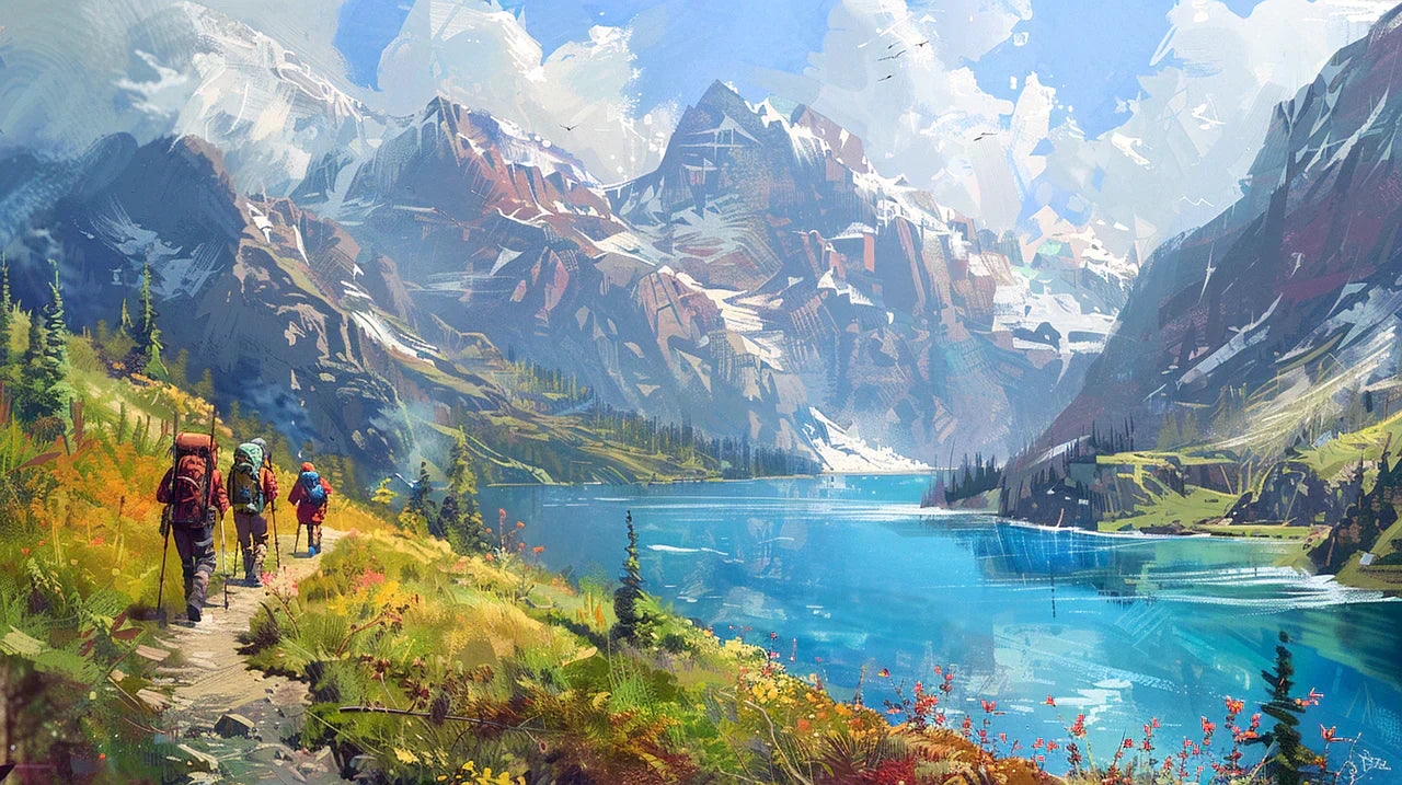 photo générer par l'ia d'un chemin dans les montagnes près d'un lac