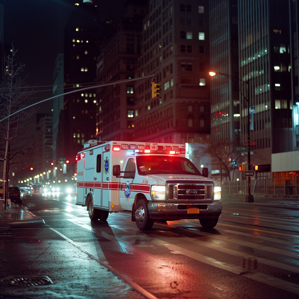Une ambulance à New-York qui roule avec les feux d'urgence allumés