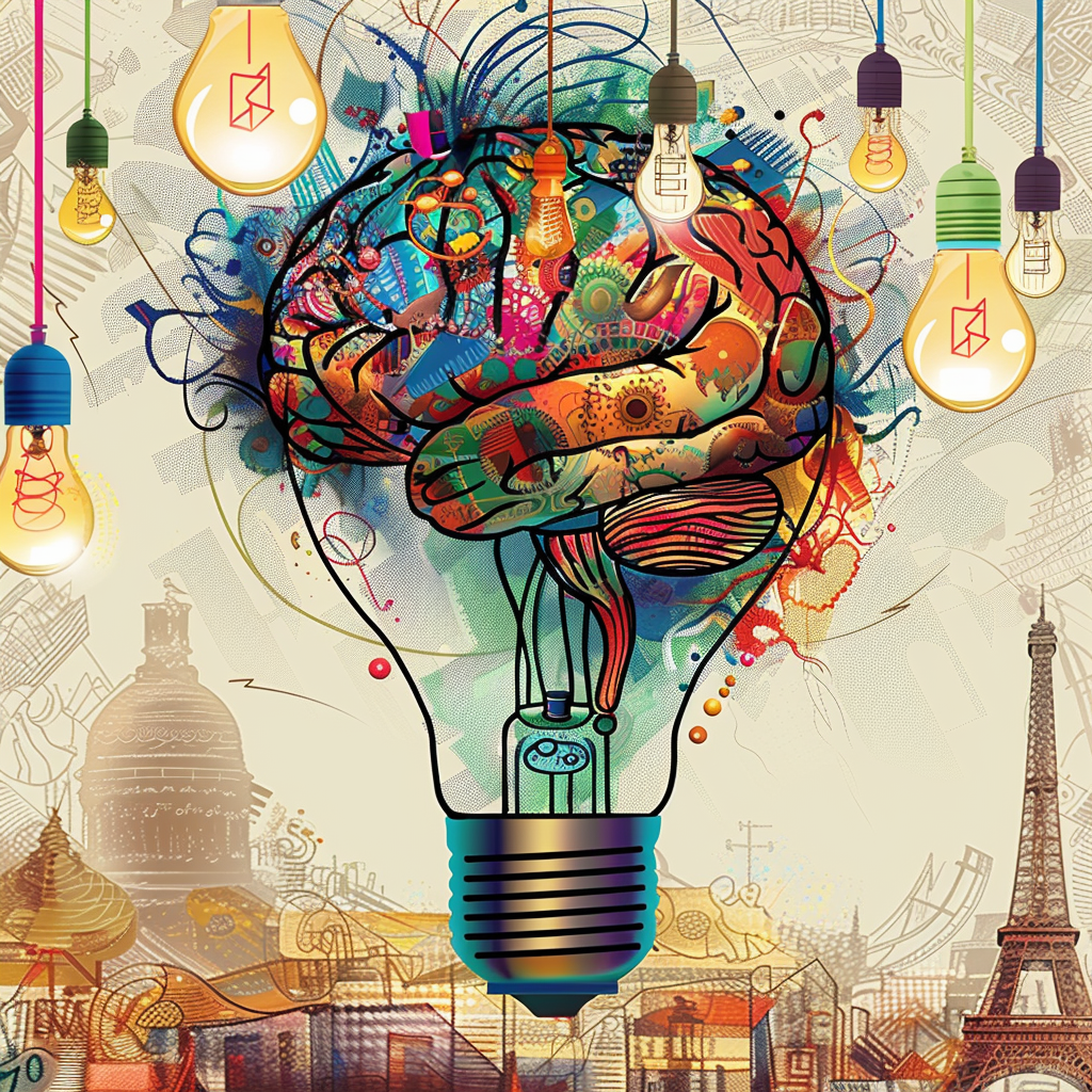 Illustration abstraite de ce que pourrait être la propriété intellectuelle. Un cerveau plein de couleur dans une ampoule