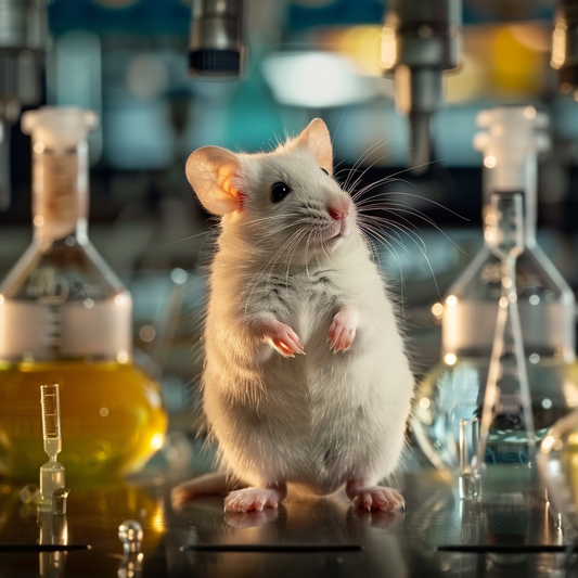 Une souris blanche, sur les pattes arrières, semble inquiète dans ce laboratoire