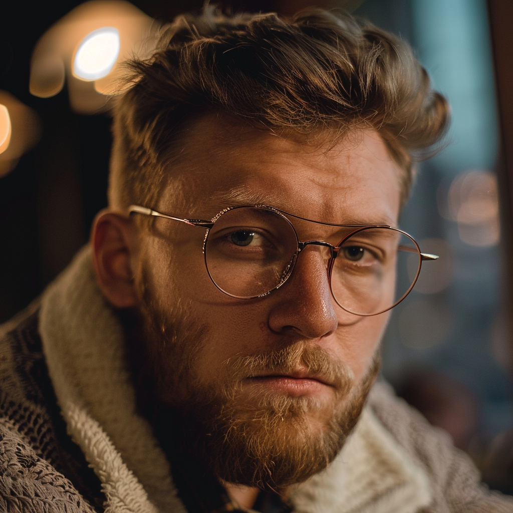 Un homme regarde l'objectif droit dans les yeux avec sa superbe paire de lunettes 