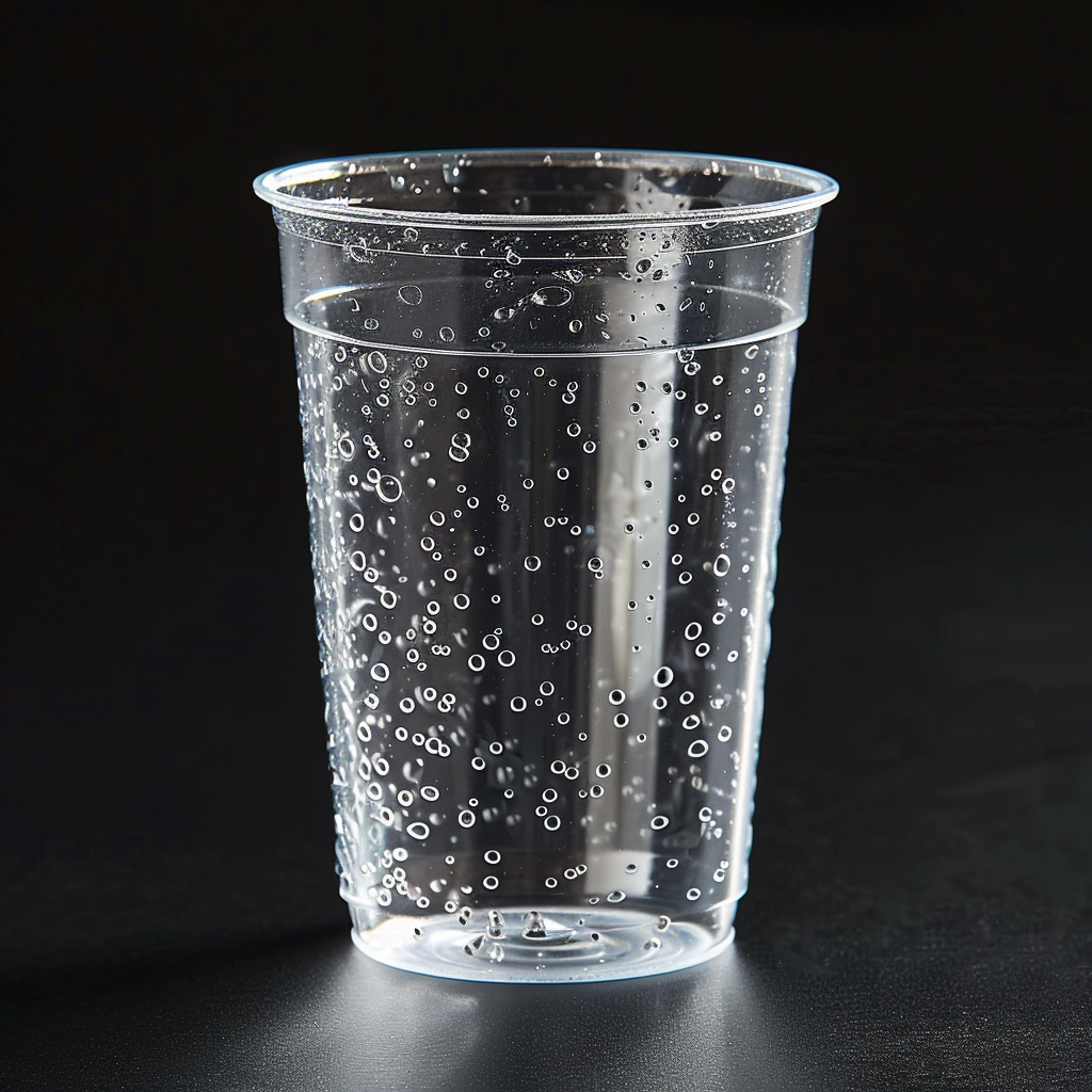 Gobelet en plastique vide avec des gouttes d'eau dedans sur un fond noir