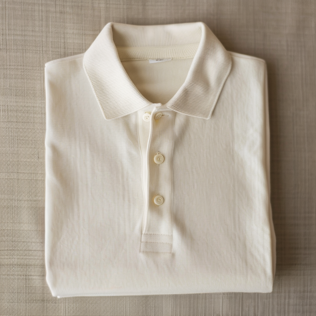Polo blanc en lin plié et disposé sur un fond de couleur similaire