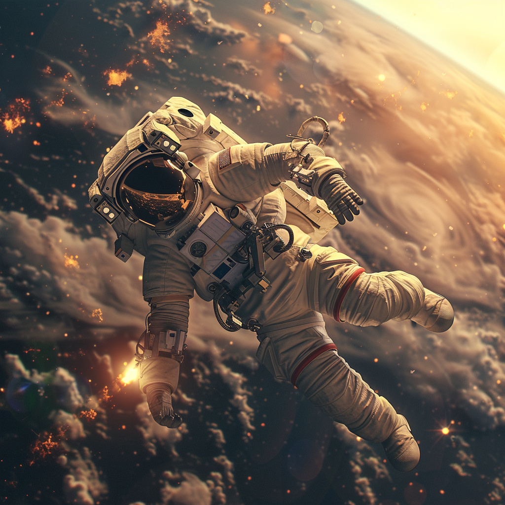Un spationaute semble perdu dans l'espace, en orbite autour d'un astre