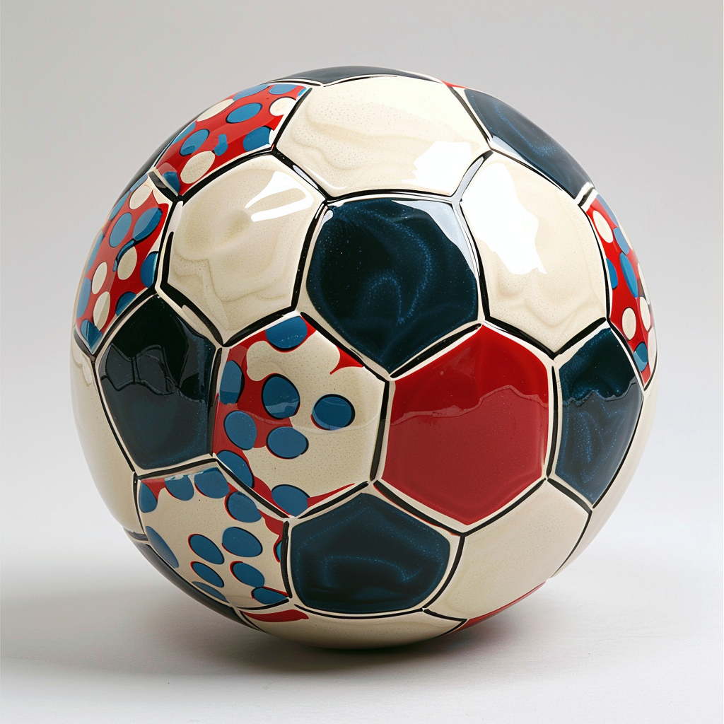 Un ballon de football rouge, bleu, blanc et noir, est là