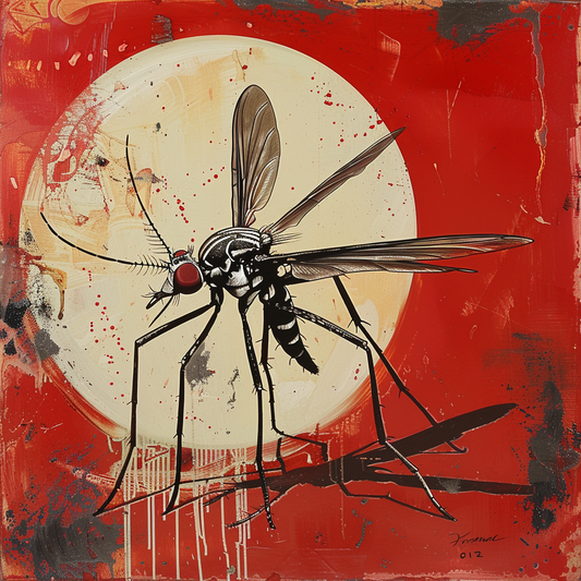 Illustration peinture d'un moustique sur fond rouge avec cercle blanc, représentant la malaria
