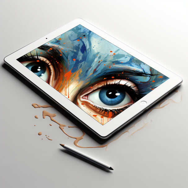 dessin effectué sur une tablette prévue à cet effet, couleurs bleu et orange