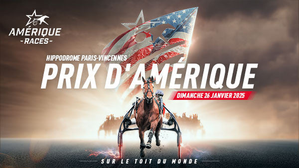 bannière d'annonce événement - Hippodrome paris - vincennes, prix d'Amerique dimanche 26 janvier 2025. Il y a un drapeau et un cheval de course