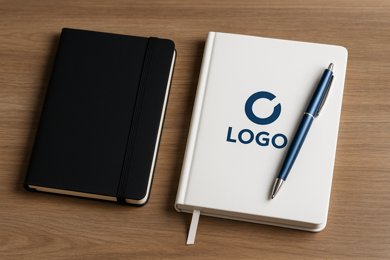 carnet noir avec carnet blanc logo bleu dessus, stylo bleu posé dessus