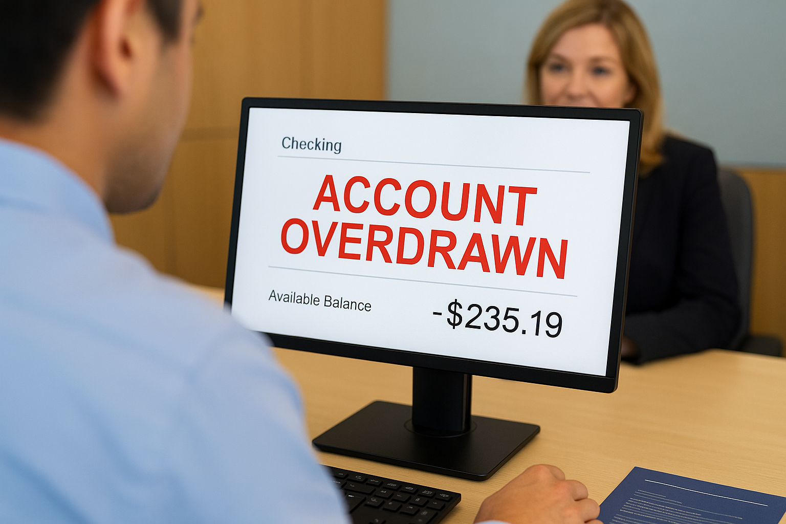 compte avec decouvert negatif banquier avec chemise bleue