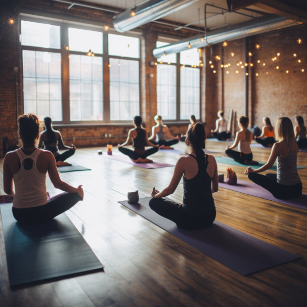 Un cours de yoga se déroule dans une salle de yoga les élèves sont sur leurs tapis de yoga personnalisables trans laser