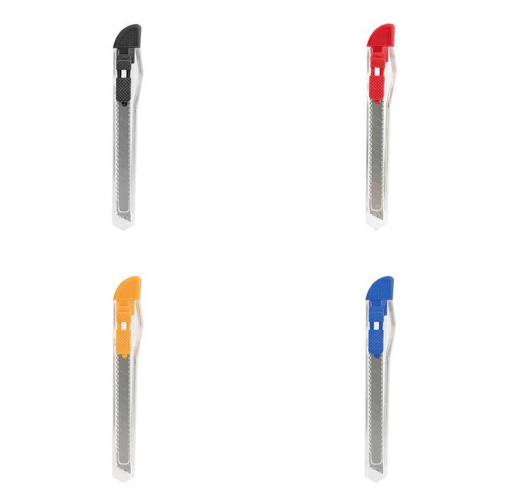 Cutter avec lame aluminium et corps transparent. Verrouillage de sécurité et embout amovible pour régler la longueur de la lame.