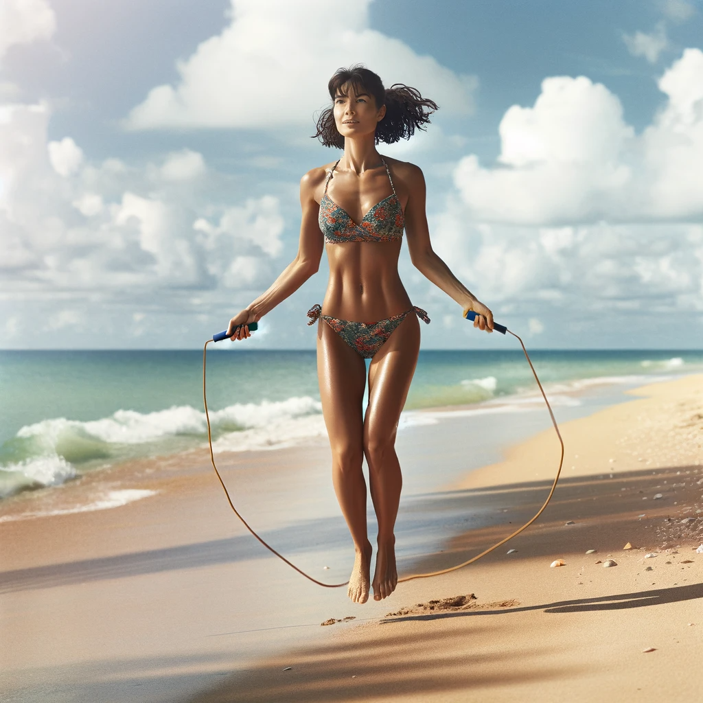 Une jeune femme en vacances sur la plage pratique la corde à sauter afin de garder sa ligne