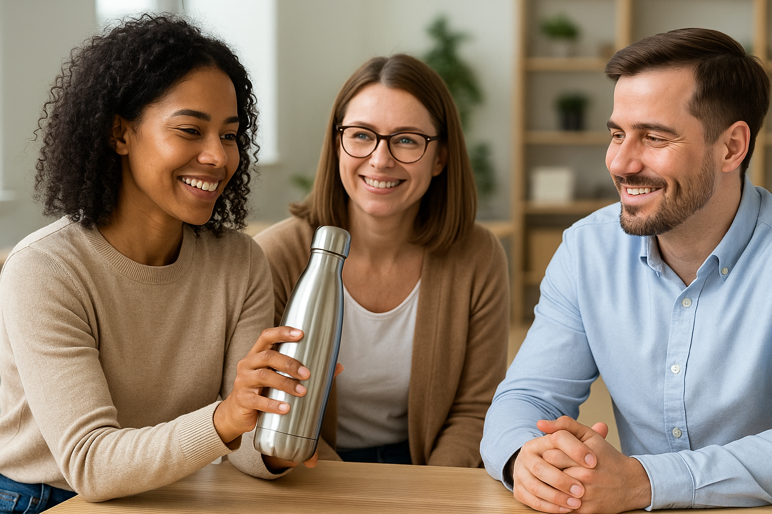 deux femmes avec un homme avec sourires et une gourde grise