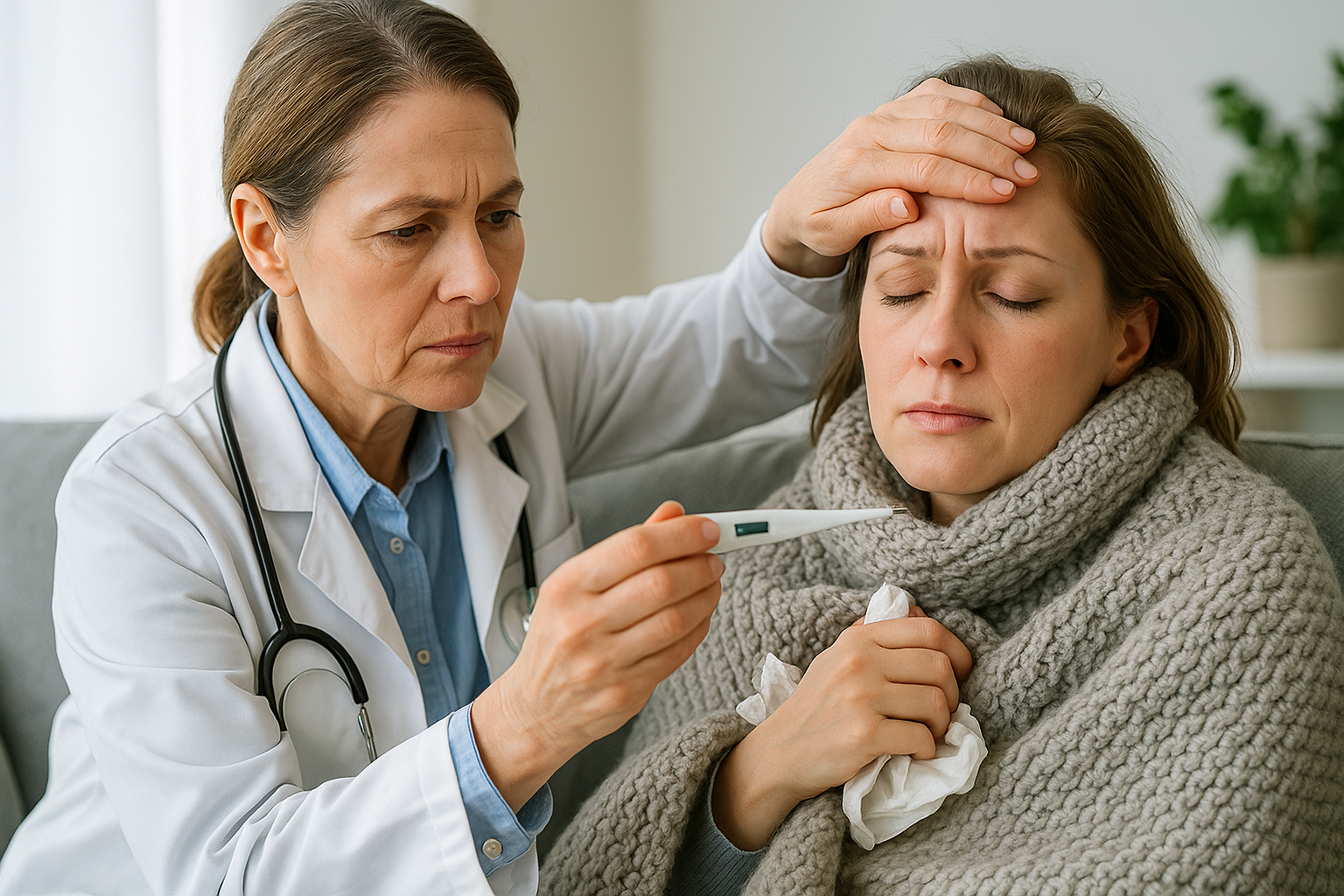 docteur avec thermomètre qui s'occupe d'une patiente malade