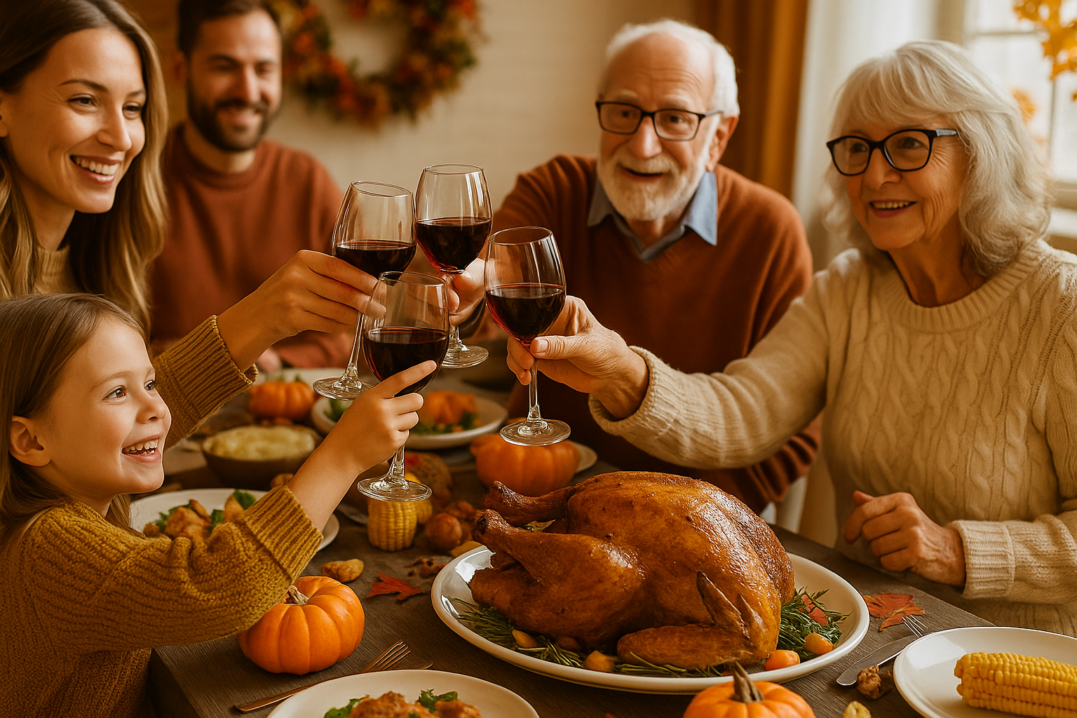 famille réunie autour d'un gros repas pour la saint giving