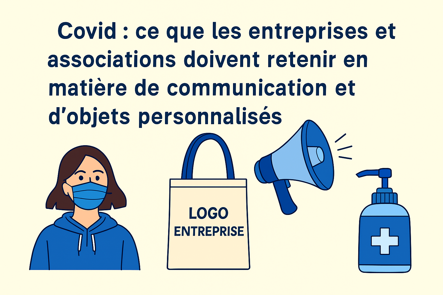 covid, femme avec masque, tote bag avec logo et gel hydroalcoolique