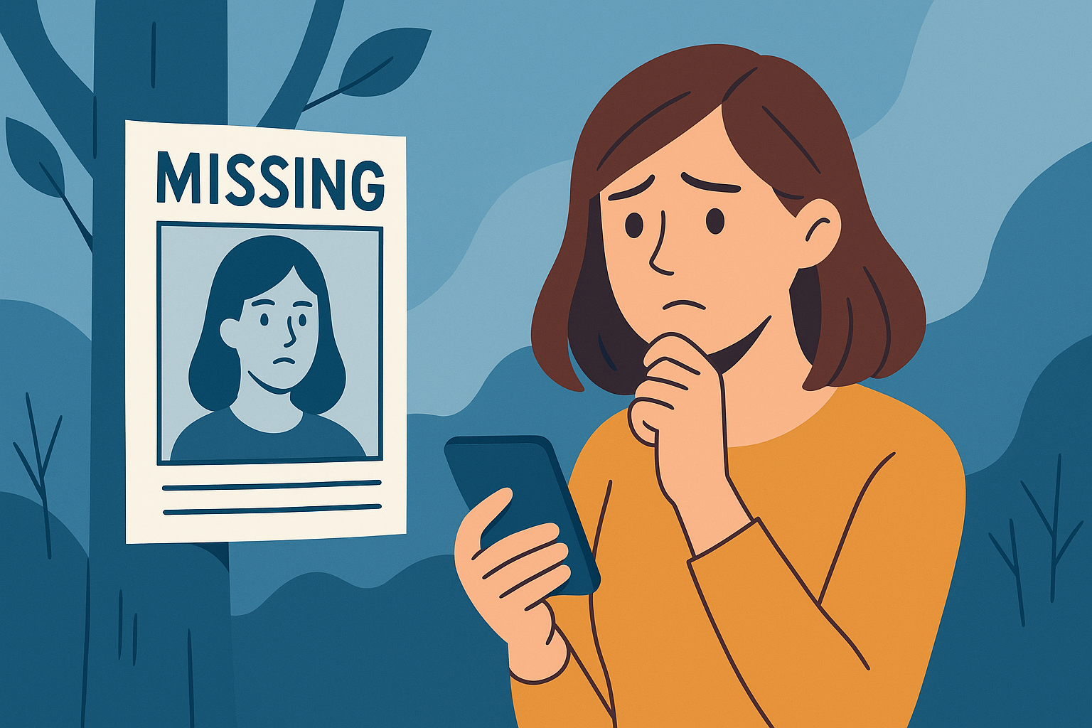 femme avec pull jaune inquiète de la disparition d'une femme, feuille de recherche placardée sur un arbre