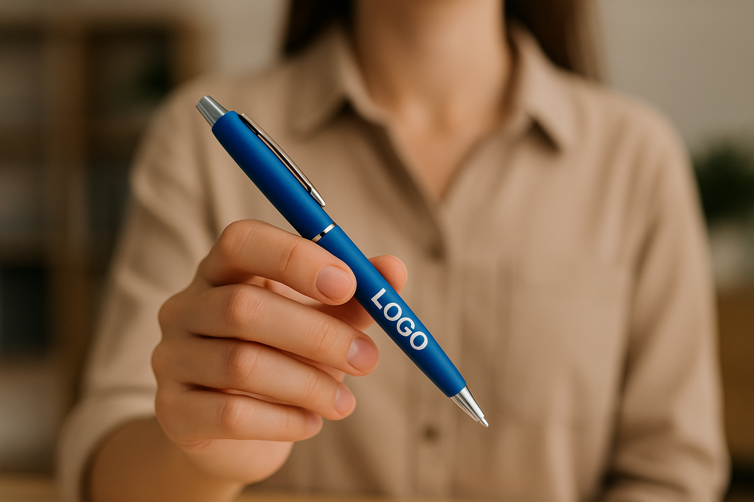 femme avec chemise beige et stylo bleu avec logo blanc dessus